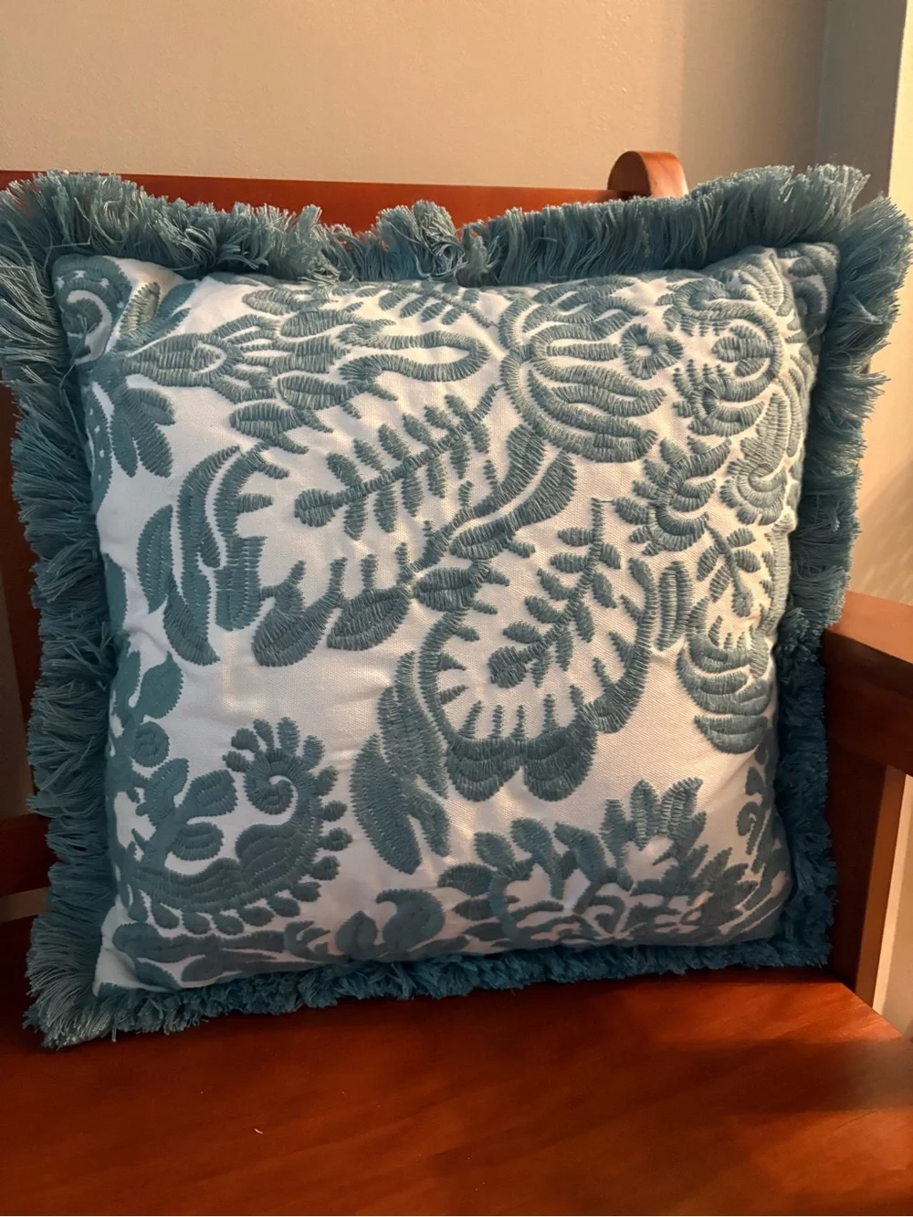 Pier 1 Teal and White Fringed Embroidered Accent Pillow